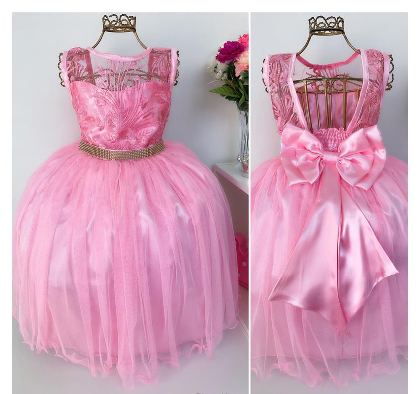Vestido Infantil Rosa Renda Tule com Brilho Damas Luxo