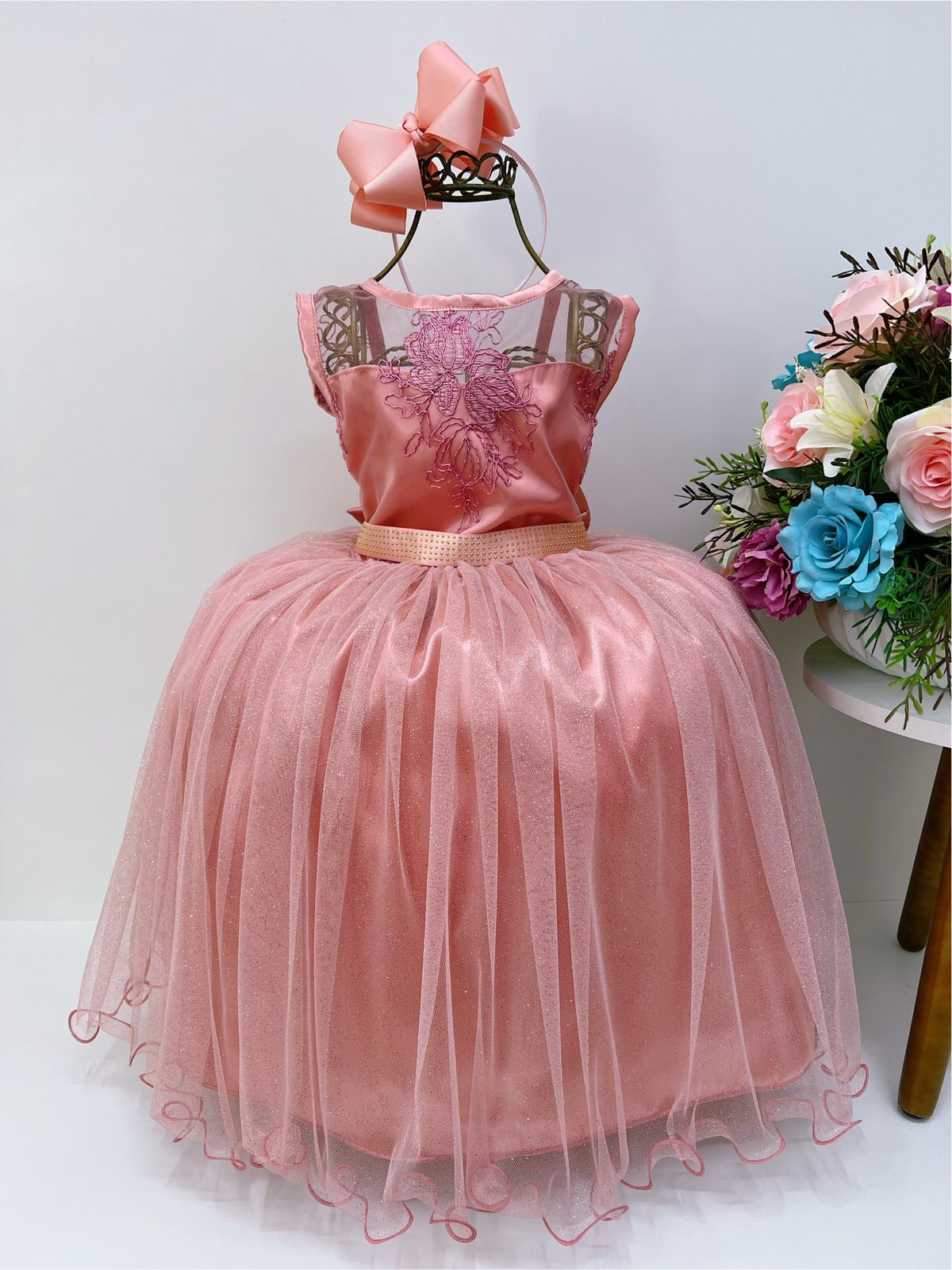 Vestido Infantil Rosé Renda e Tule com Brilho Damas Honra