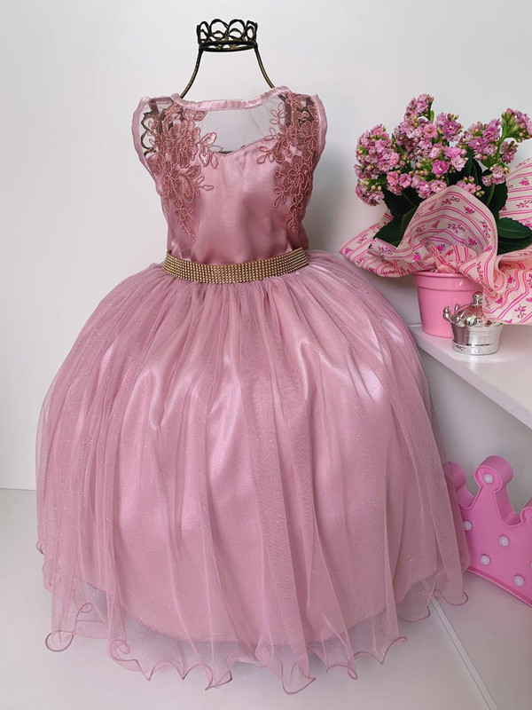 Vestido Infantil Rosê Renda Tule com Brilho Damas Luxo