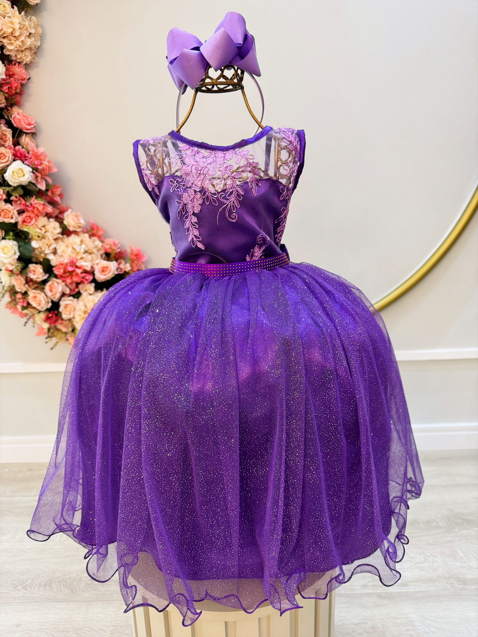 Vestido Infantil Roxo Renda Metalizada Tule C/ Brilho Damas