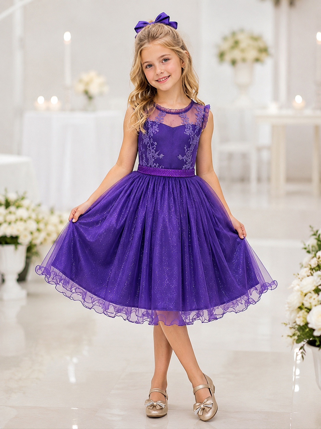 Vestido Infantil Roxo Renda Metalizada Tule C/ Brilho Damas