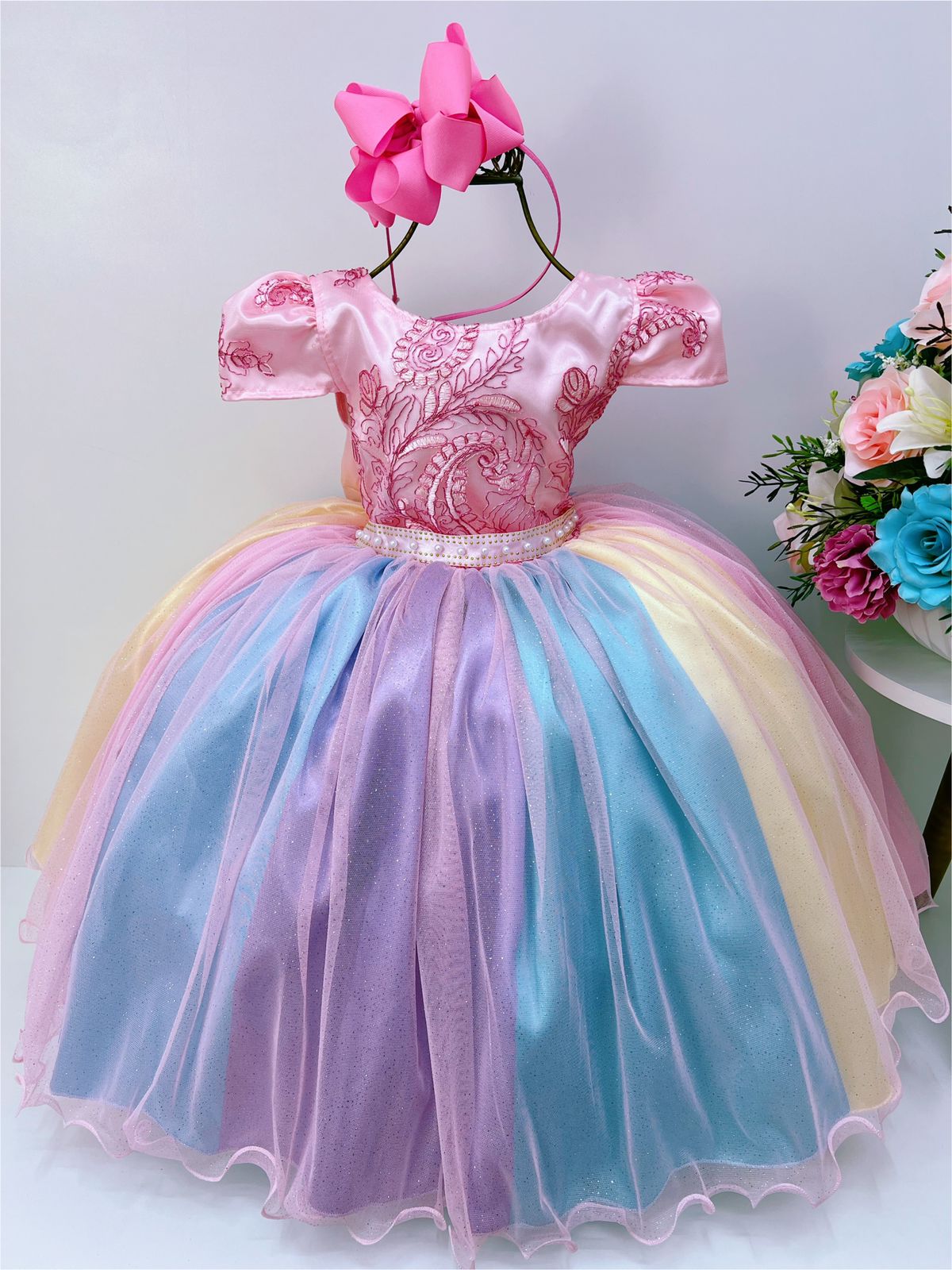 Vestido Infantil Unicórnio Chuva de Amor Arco Iris e Rendas