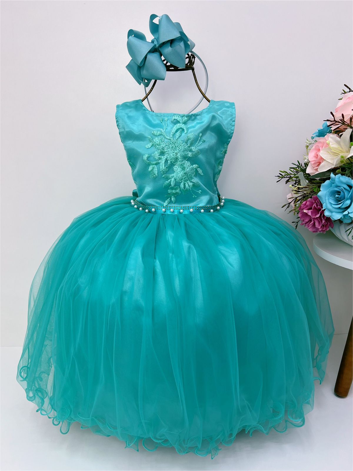 Vestido Infantil Verde Damas de Honra e Cinto Strass Pérola