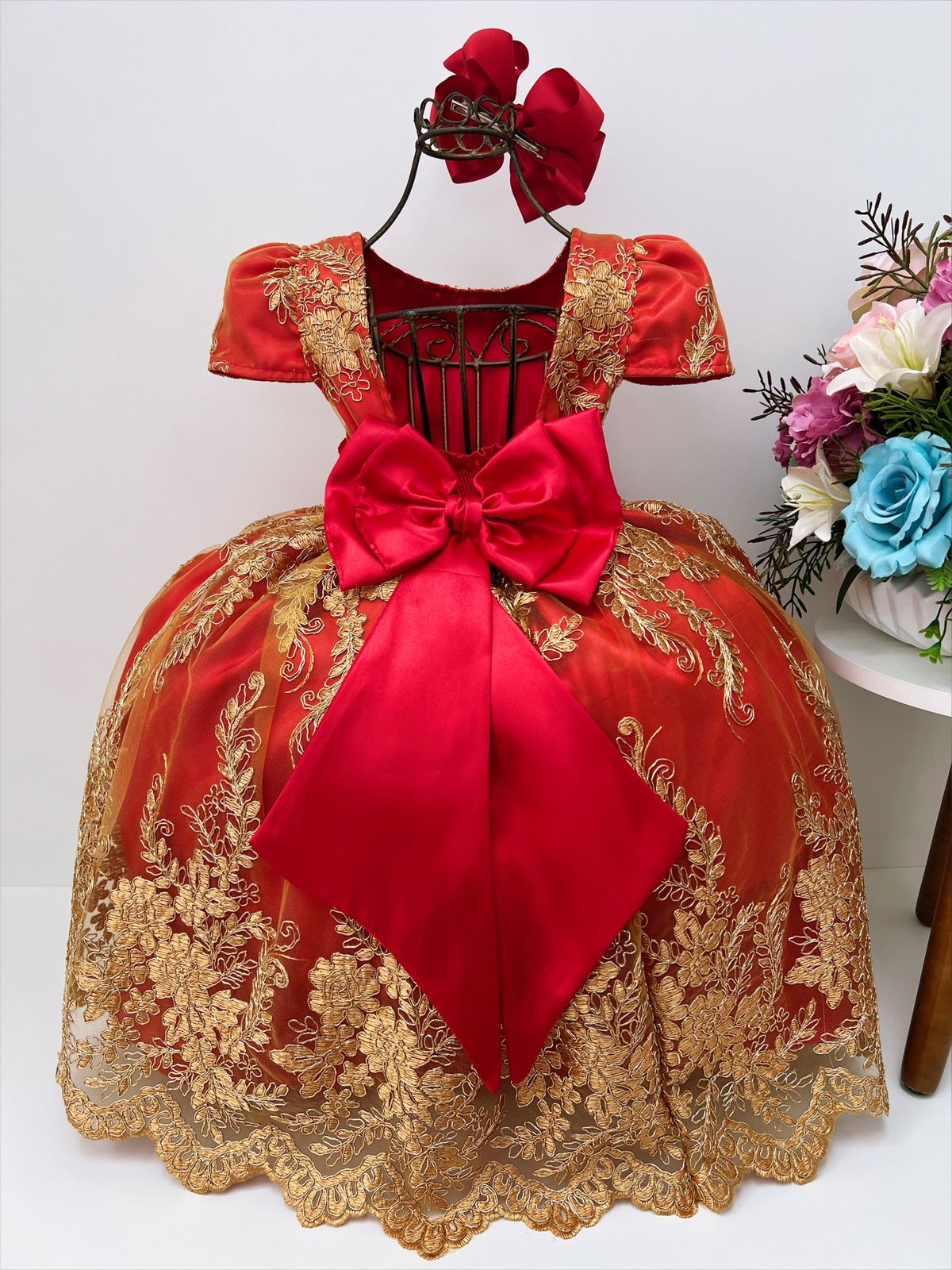 Vestido Infantil Vermelho Renda Realeza e Pérolas - Fabuloso Ateliê