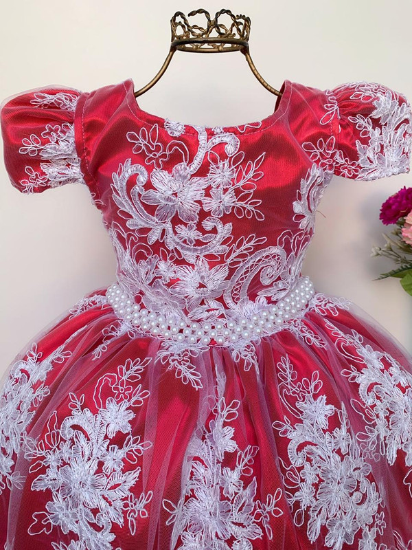 Vestido Infantil Vermelho Renda Realeza e Pérolas - Fabuloso Ateliê