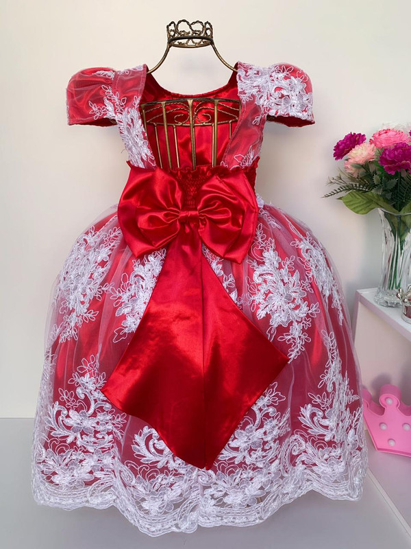 Vestido Infantil Vermelho Renda Realeza e Pérolas - Fabuloso Ateliê