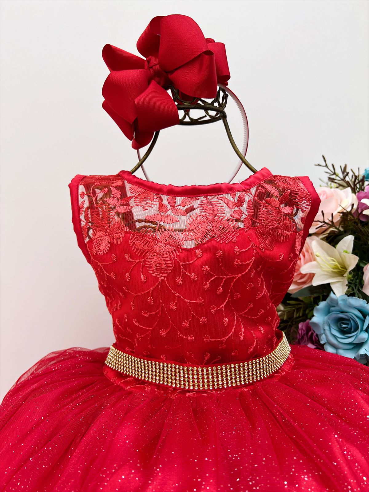 Vestido Infantil de Festa Vermelho Princesa com Renda Gliter e