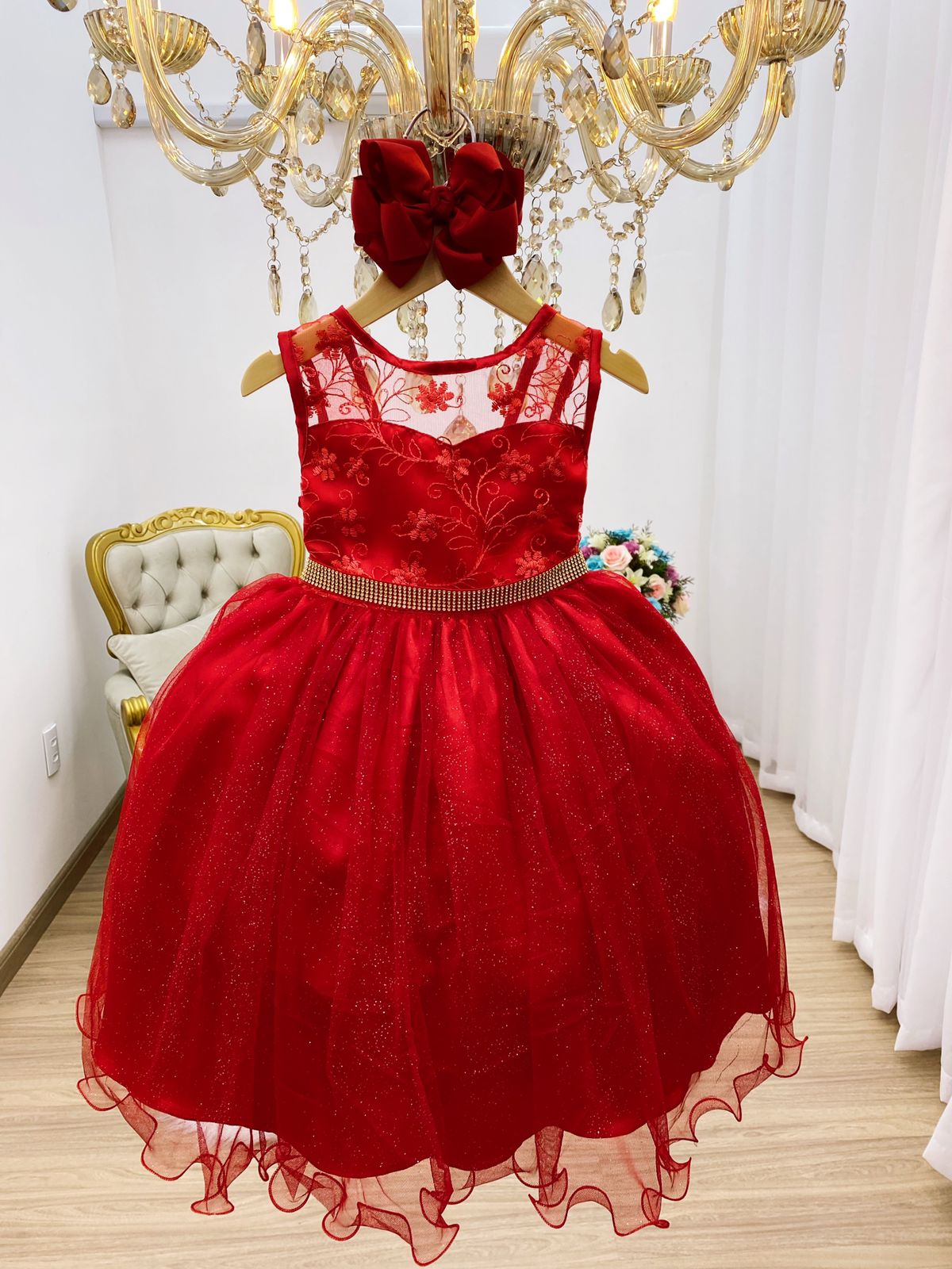 Vestido Infantil Vermelho Renda Princesas Realeza Luxo Festa