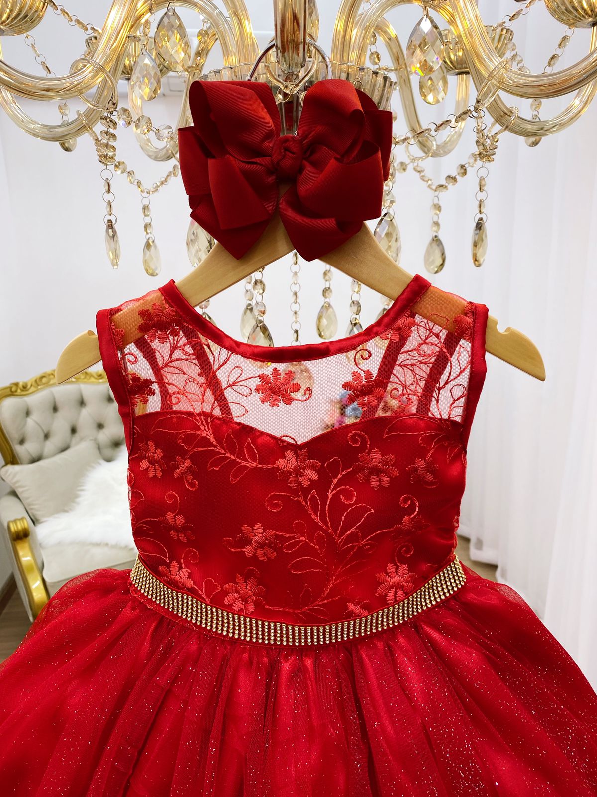 Vestido Infantil de Festa Vermelho Princesa com Renda Gliter e