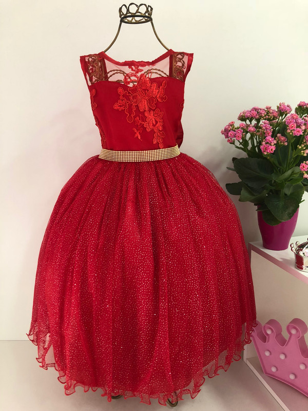 Vestido Infantil Vermelho Renda Tule com Brilho Damas Luxo