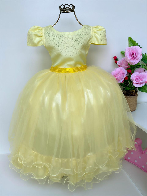 Vestido Infantil Amarelo Damas Brilho Luxo Mangas Princesas