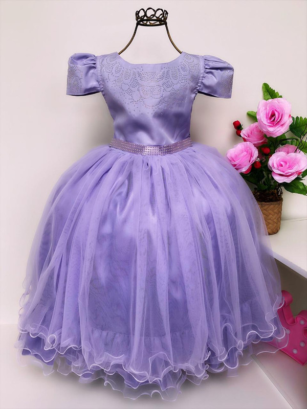 Vestido Infantil Lilás Damas Brilho Luxo Mangas Princesas