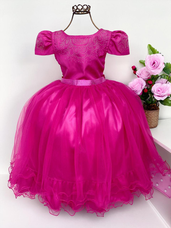 Vestido Infantil Pink Damas Brilho Luxo Mangas Princesas