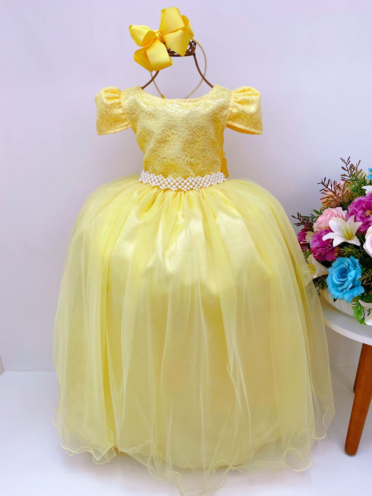 Vestido Infantil Amarelo Tule Longo C/ Renda Damas Luxo