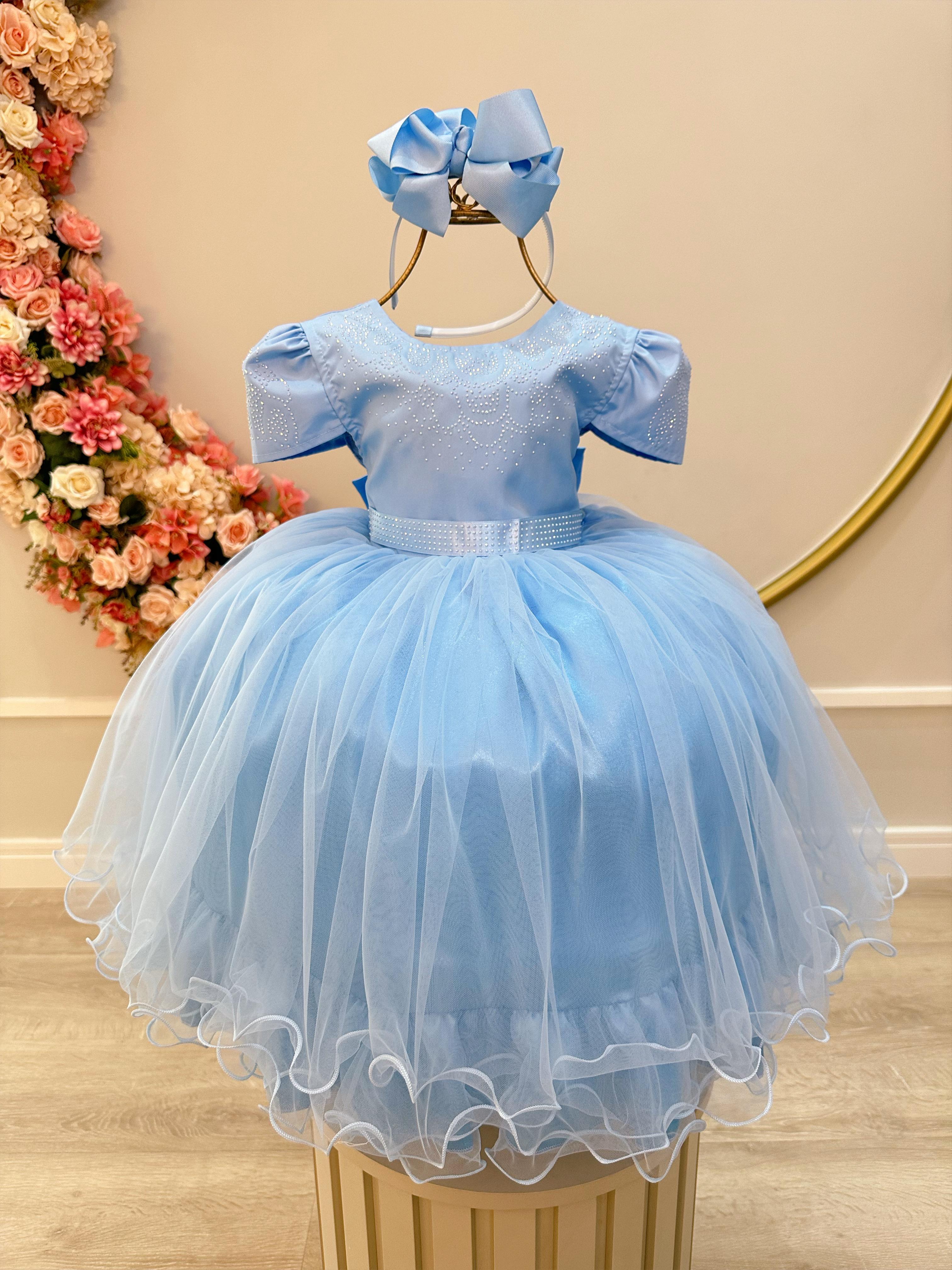 Vestido Infantil Azul Bebê Damas C/ Strass Luxo