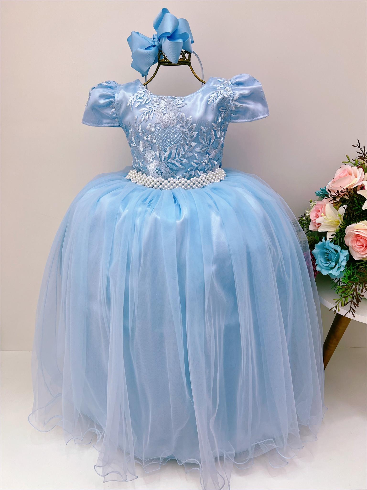 Vestido Infantil Azul Bebê Renda Damas de Honra Casamento