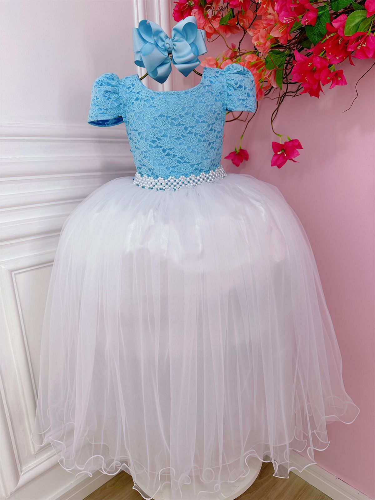 Vestido Infantil Azul C/ Renda e Saia Branca Damas Longo