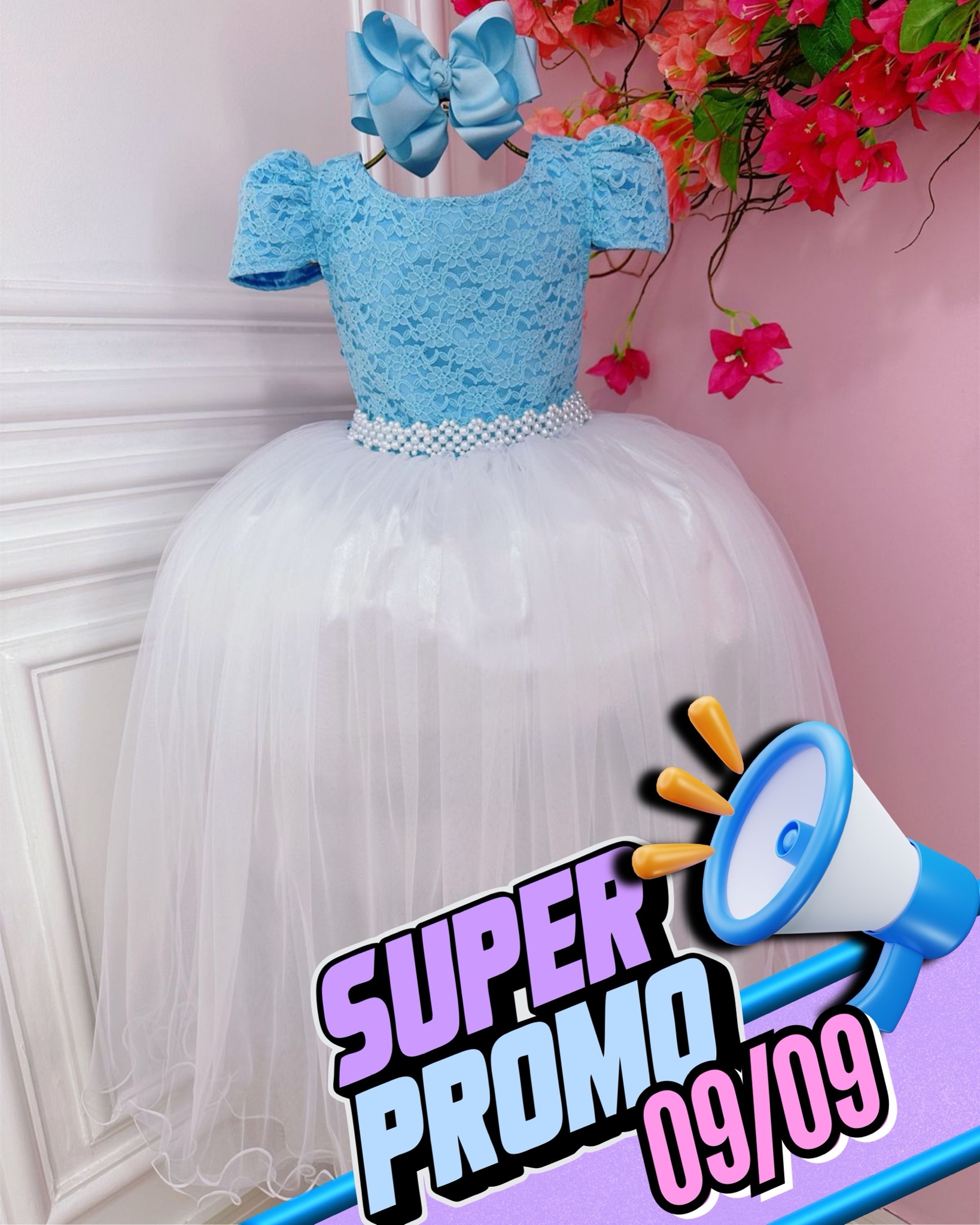 Vestido Infantil Azul C/ Renda e Saia Branca Damas Longo