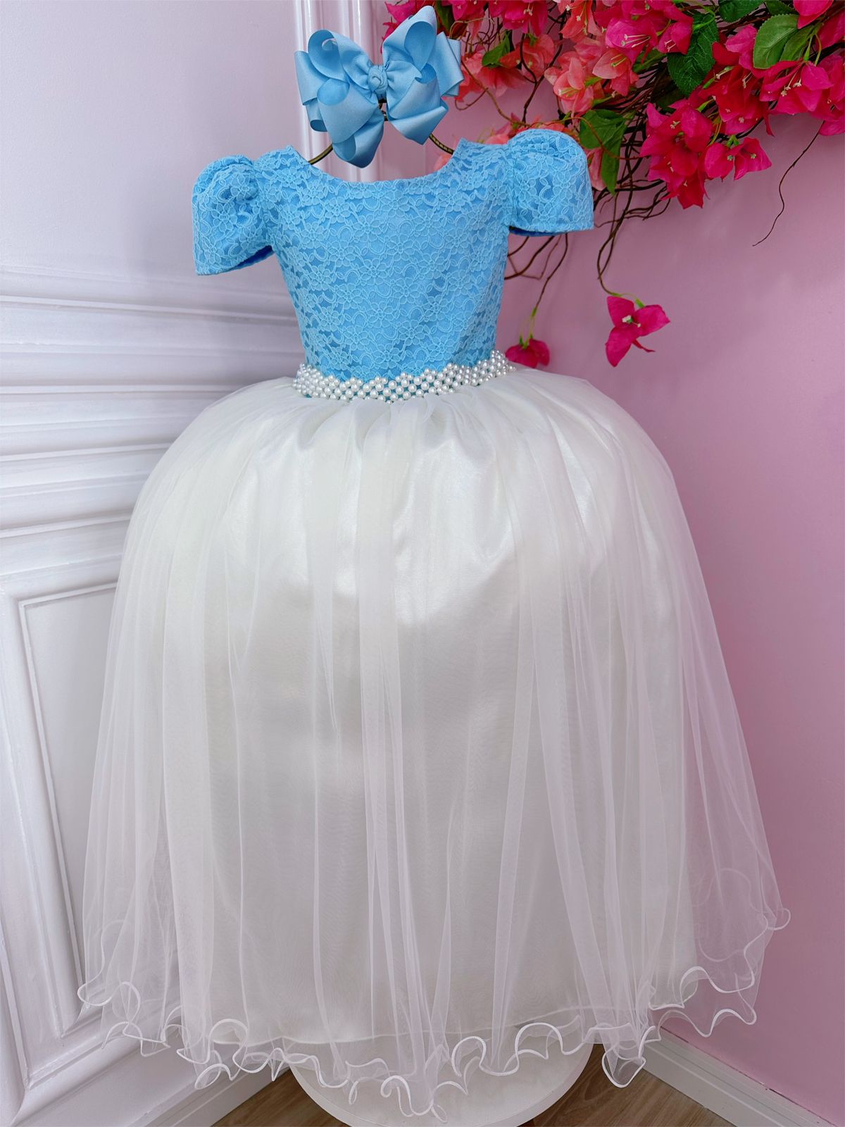 Vestido Infantil Azul C/ Renda e Saia Off White Damas Longo