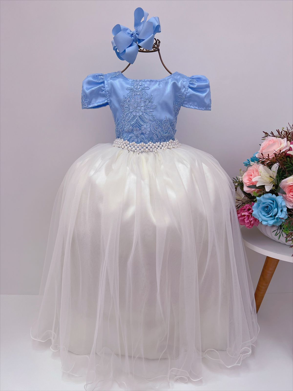 Vestido Infantil Azul com Renda Brilho Saia Off Damas Longo