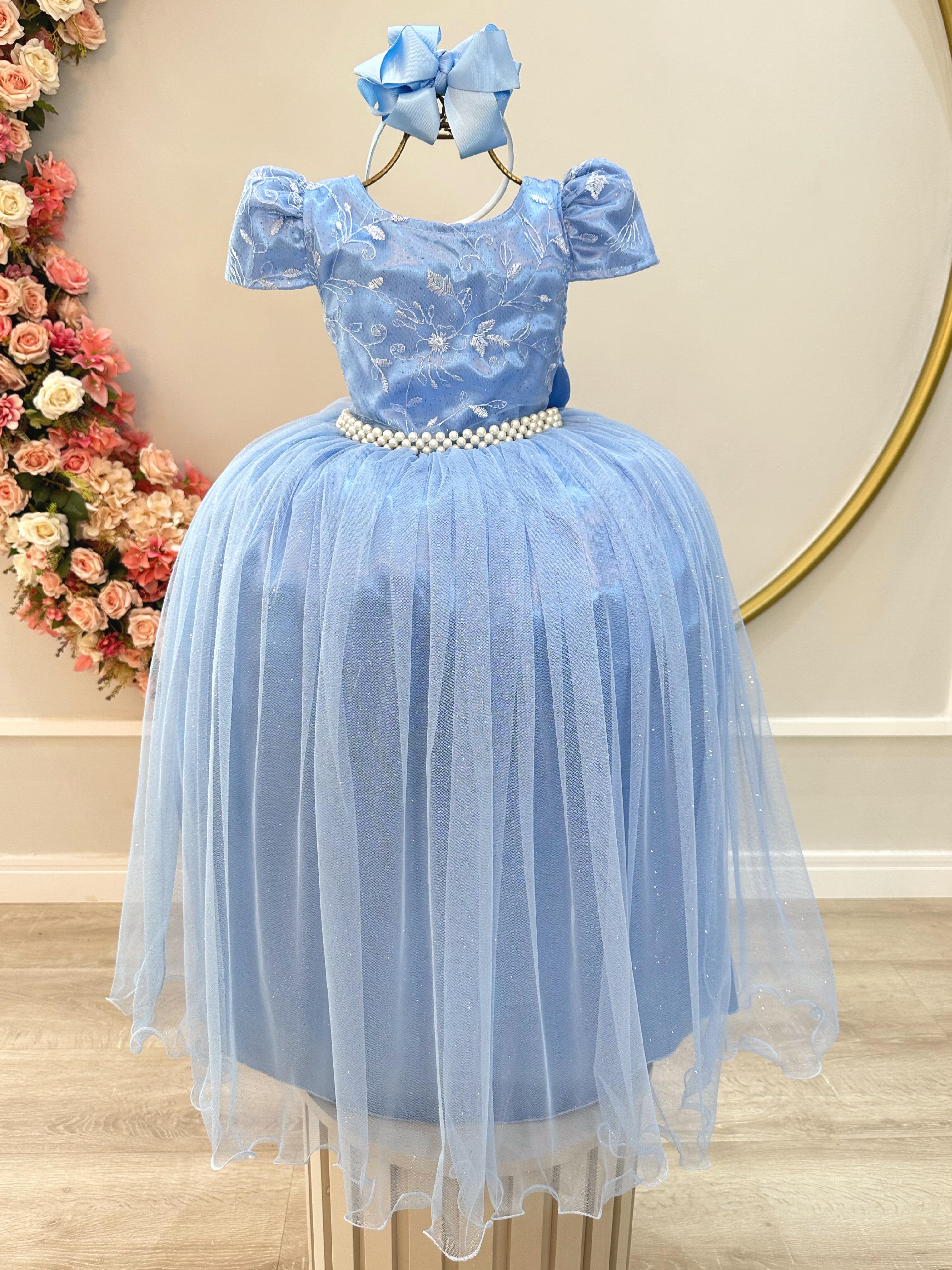 Vestido Infantil Azul Longo Damas C/ Renda Casamento Festas