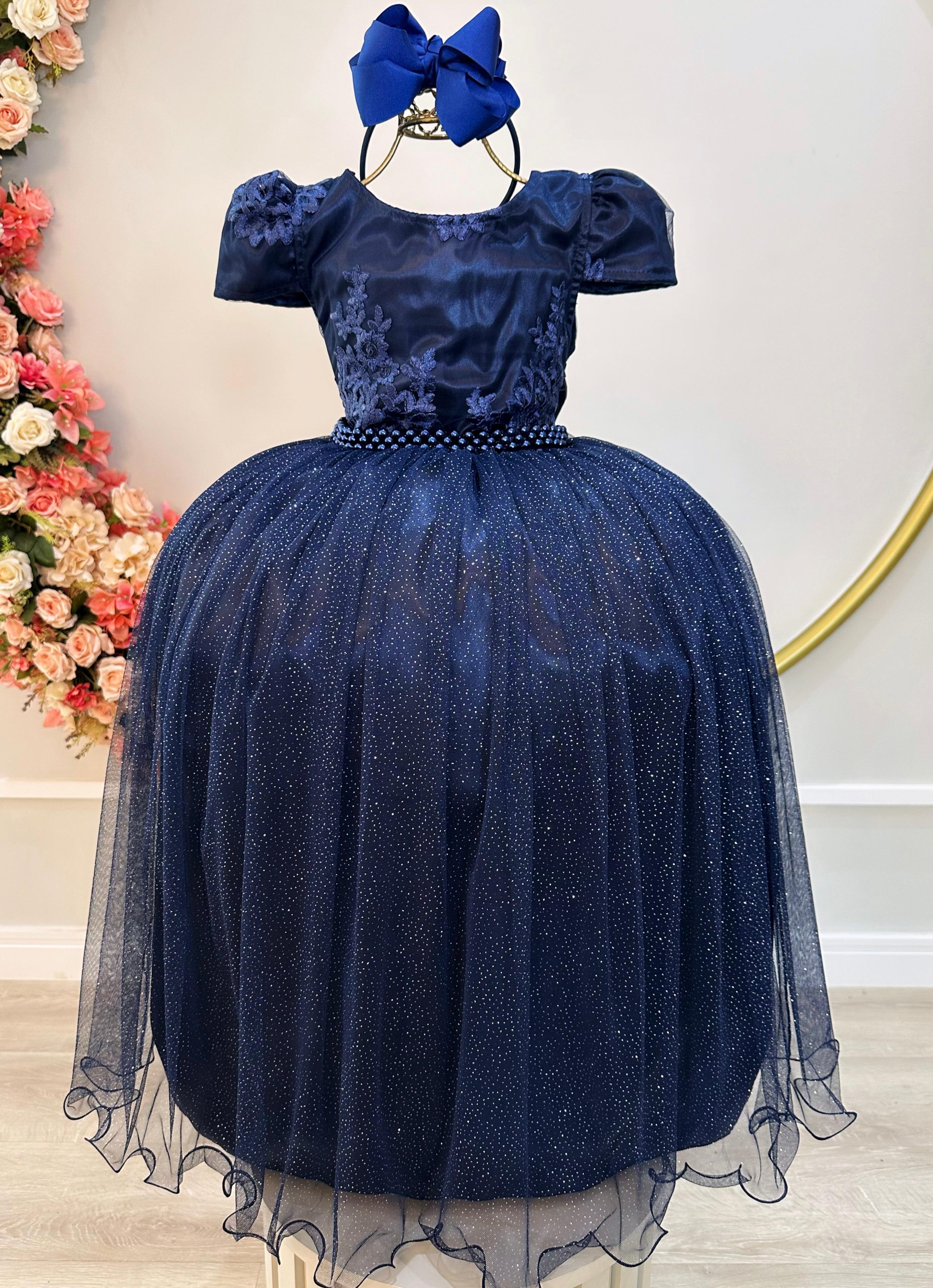 Vestido Infantil Azul Marinho Longo Damas C/ Renda Casamento