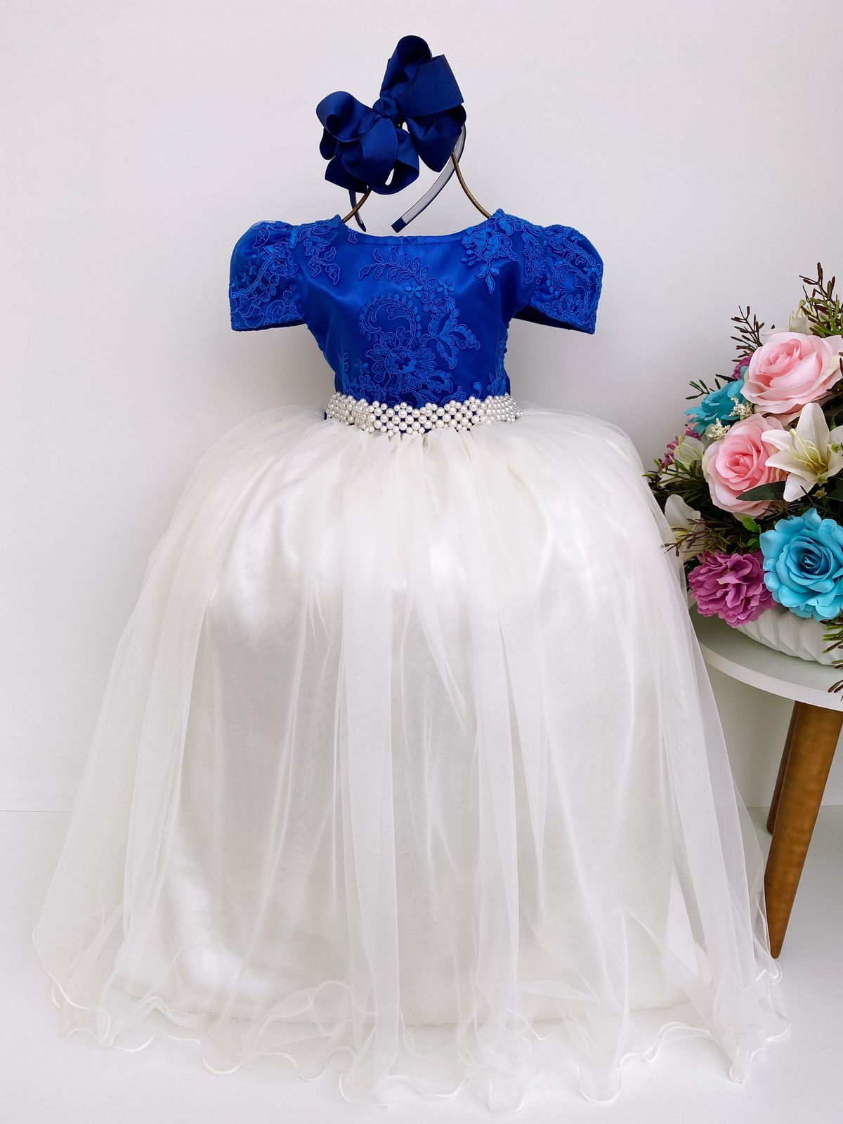 Vestido Infantil Azul Royal e OFF Damas de Honra Casamento