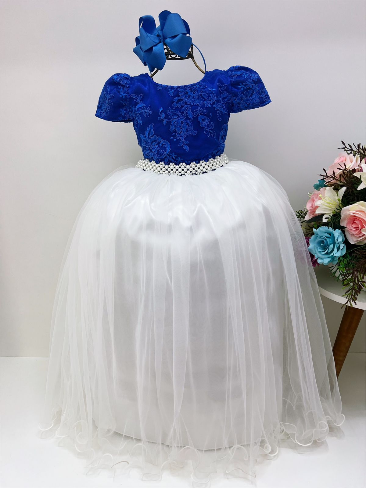 Vestido Infantil Azul Royal e OFF Damas Honra e Casamento