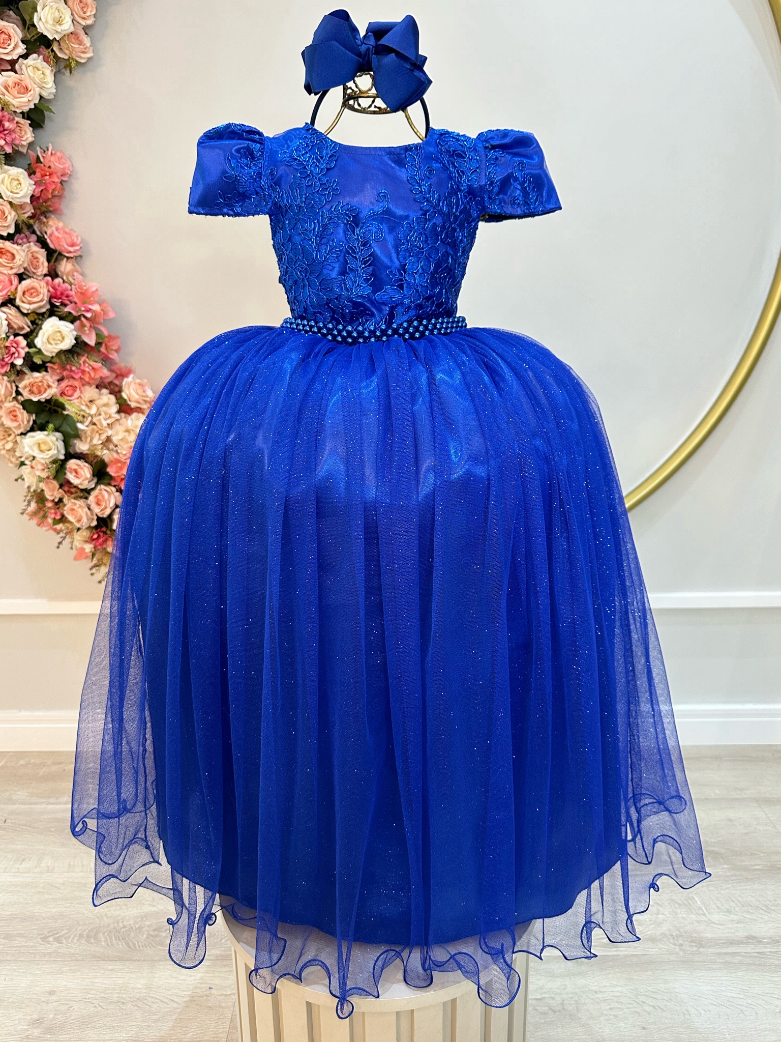 Vestido Infantil Azul Royal Longo Damas C/ Renda Casamento