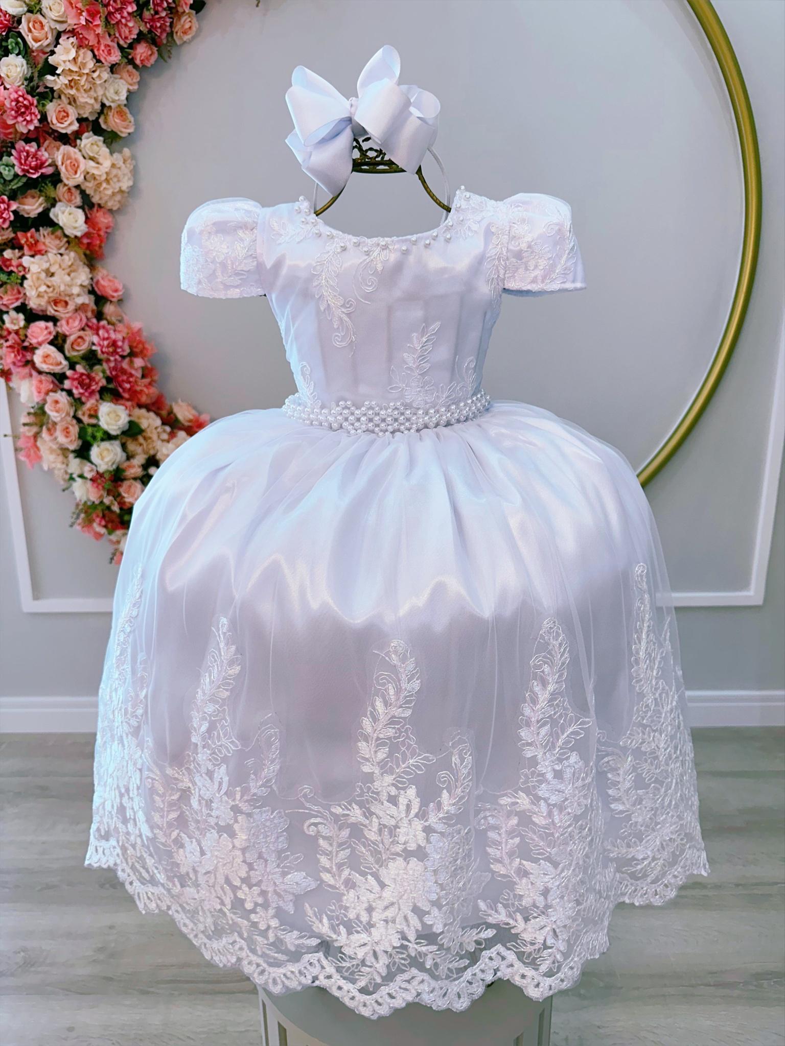 Vestido Infantil Branco C/ Cinto de Pérolas e Renda Realeza
