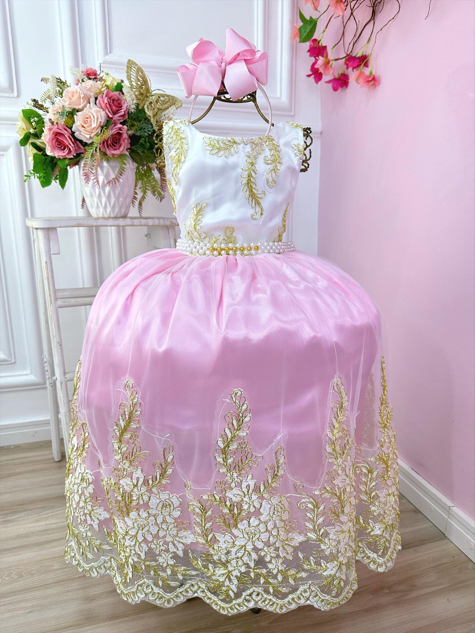 Vestido Infantil Branco Com Rosa e Renda Realeza Damas