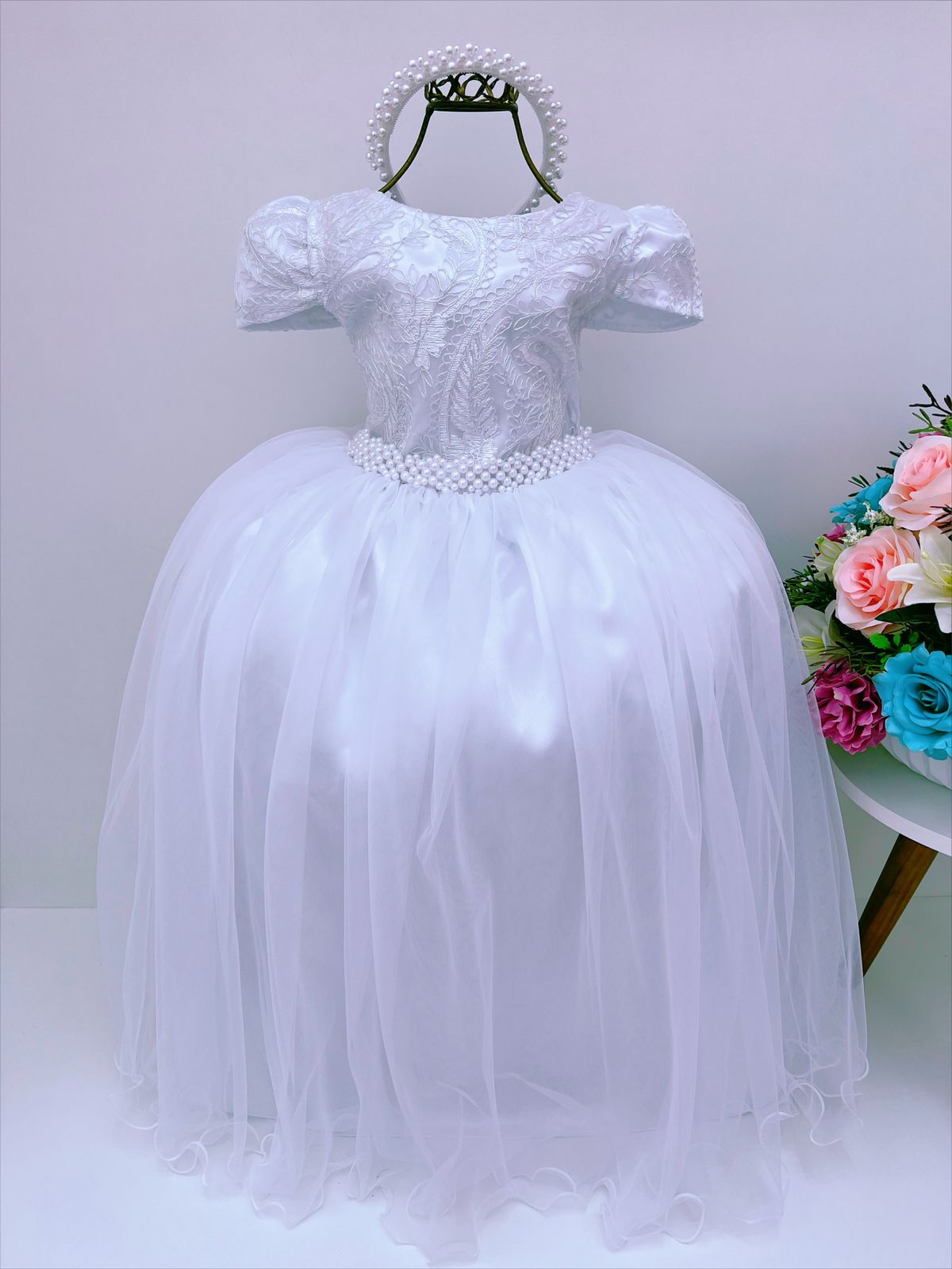Vestido Infantil Branco Longo Damas C/ Renda Luxo