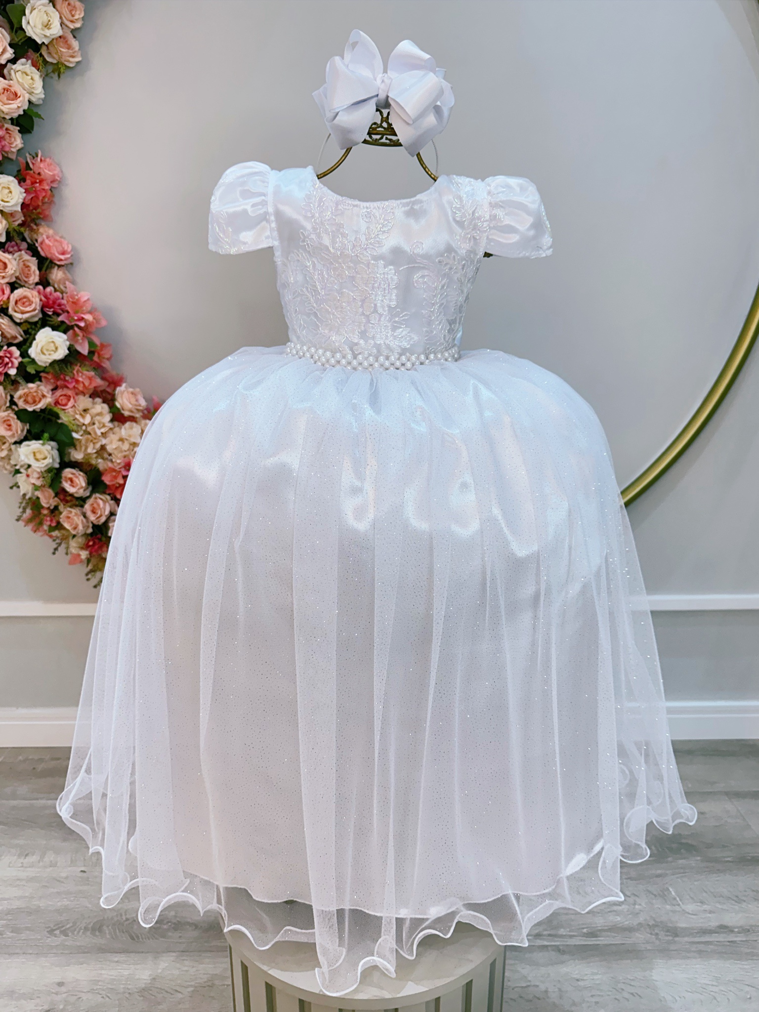 Vestido Infantil Branco Longo Damas Renda Realeza Metalizada