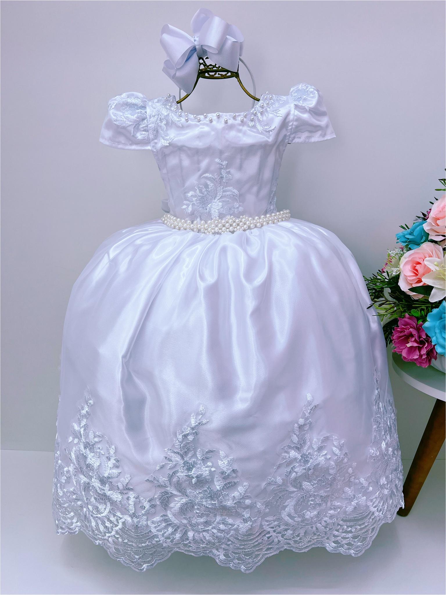 Vestido Infantil Branco Luxo Pérola Rendado Casamento Damas