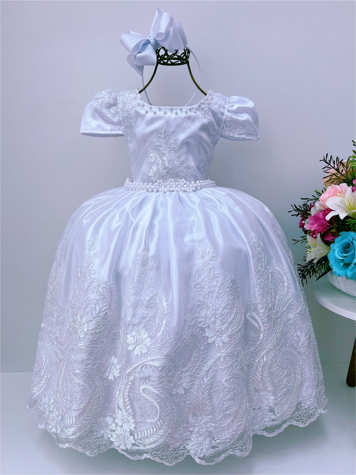 Vestido Infantil Branco Luxo Pérola Rendado Damas Casamento