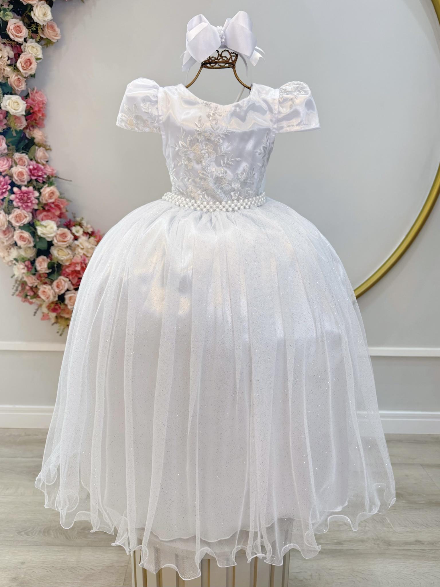 Vestido Infantil Branco Realeza C/ Renda e Pérolas Damas