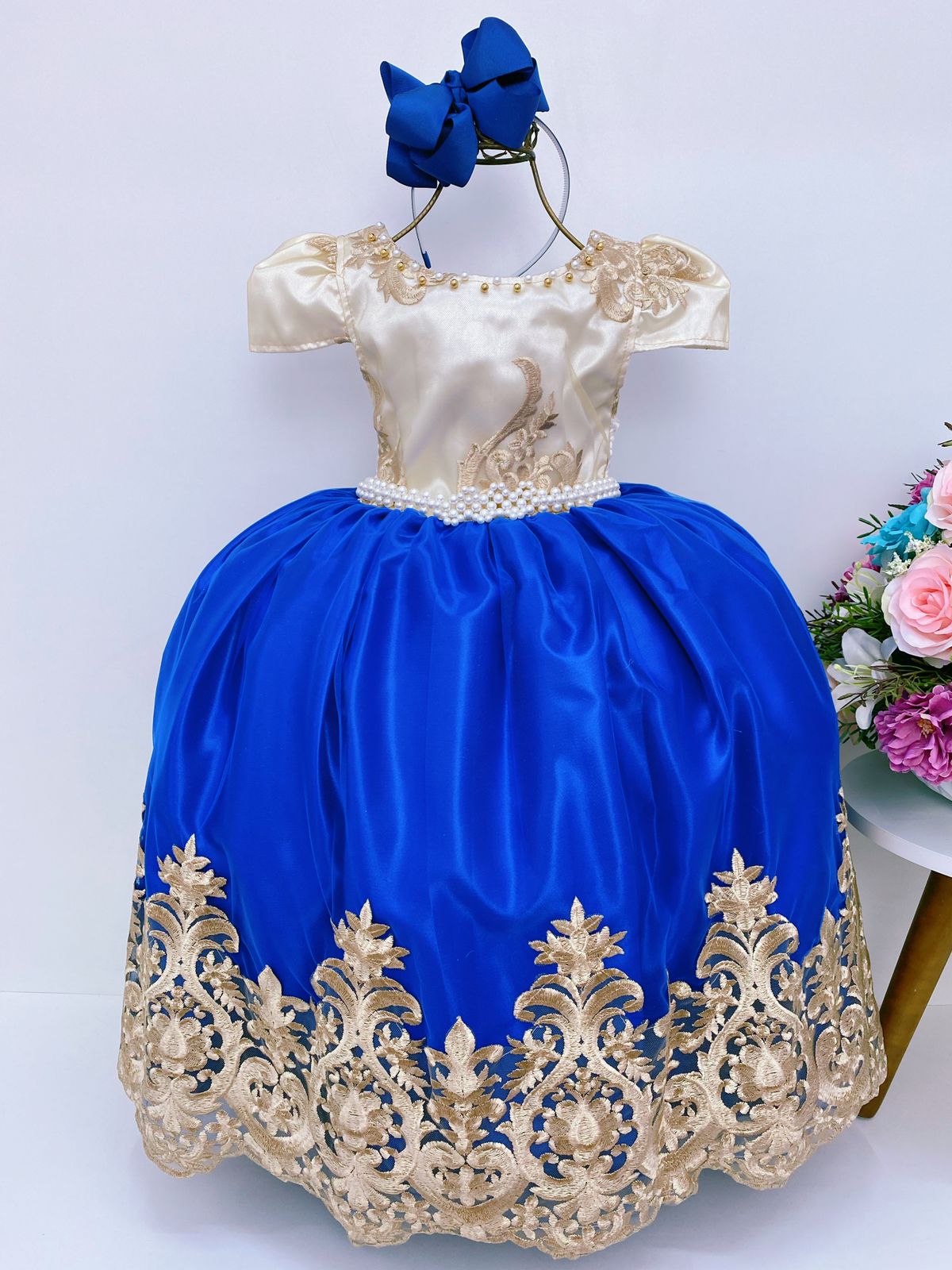 Vestido Infantil Damas de Honra Azul Royal e Marfim Realeza