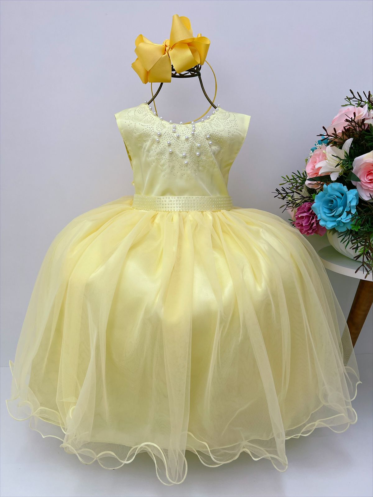 Vestido Infantil Damas de Honra Longo Amarelo Strass Pérolas