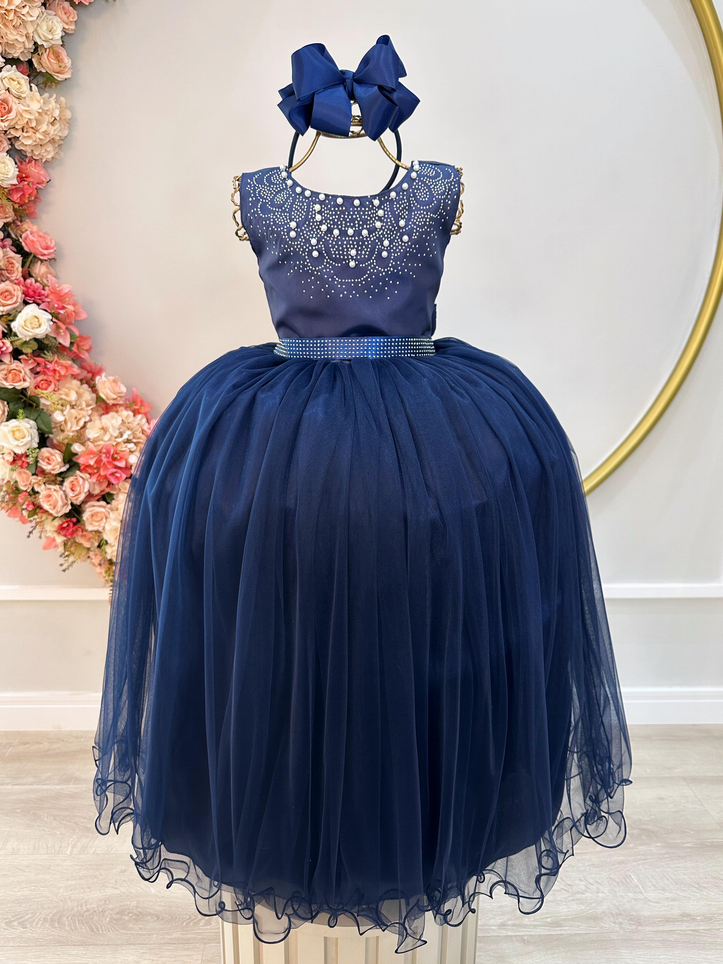 Vestido Infantil Damas de Honra Longo Azul Marinho e Pérolas