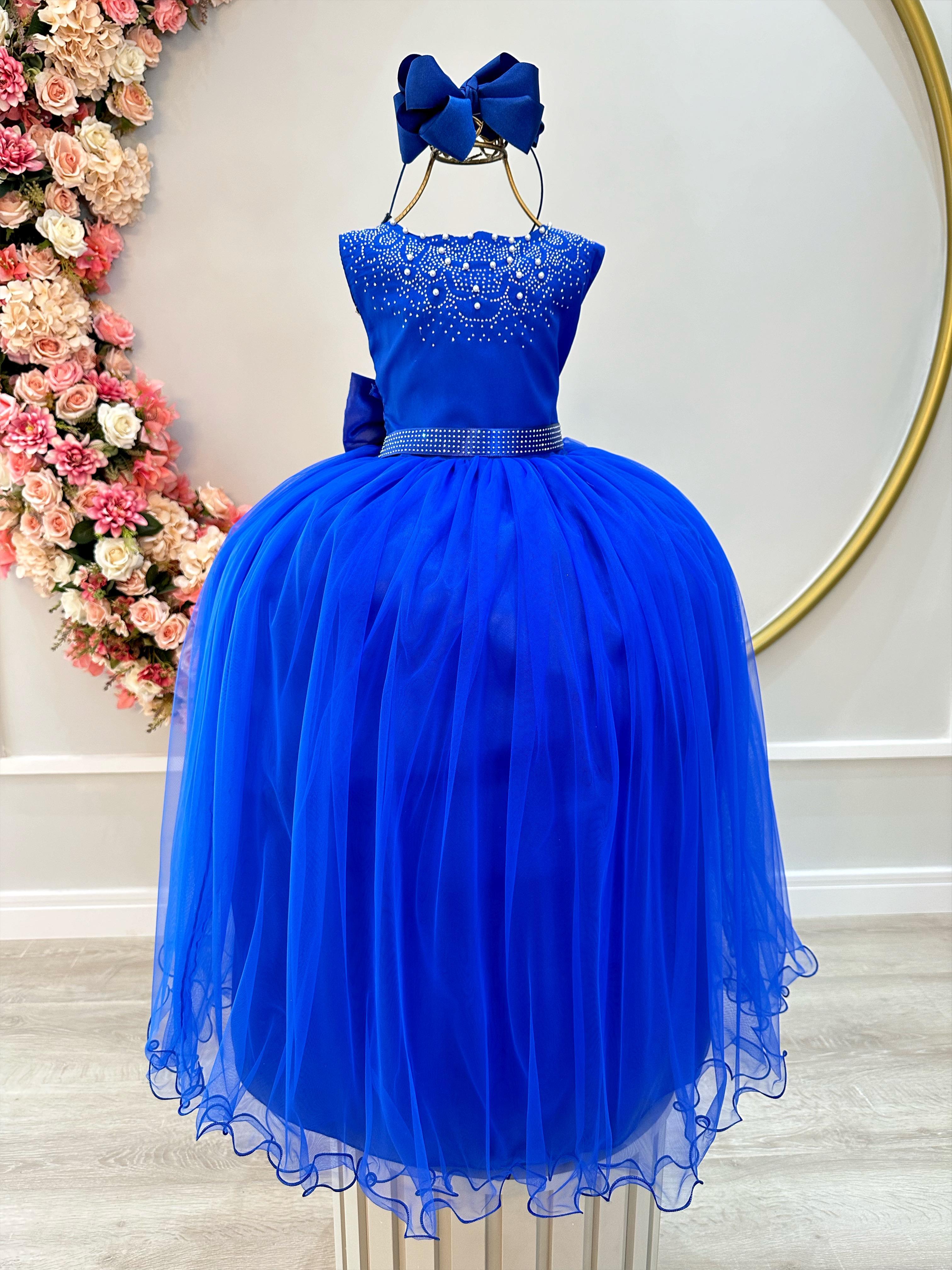 Vestido Infantil Damas de Honra Longo Azul Royal C/ Pérolas