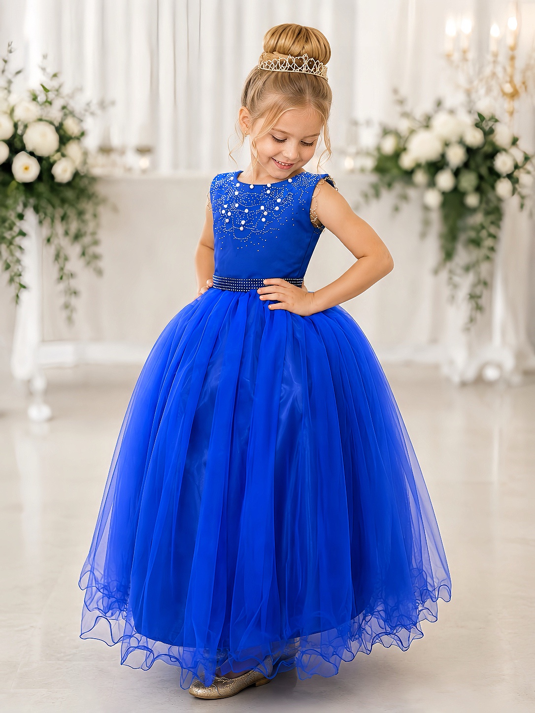 Vestido Infantil Damas de Honra Longo Azul Royal C/ Pérolas