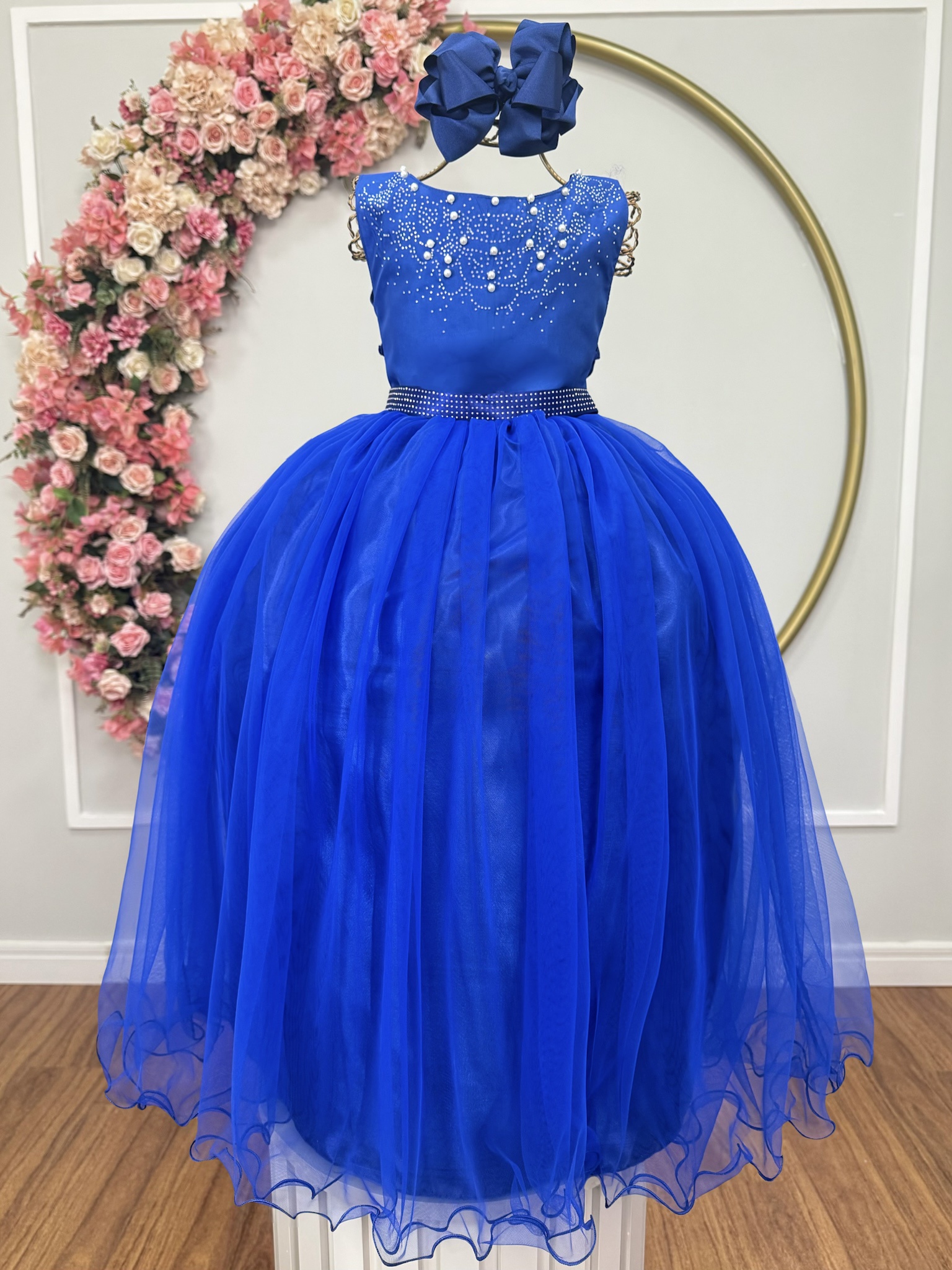 Vestido Infantil Damas de Honra Longo Azul Royal C/ Pérolas