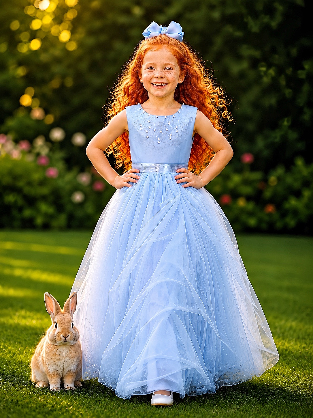 Vestido Infantil Damas de Honra Longo Azul Strass e Pérolas