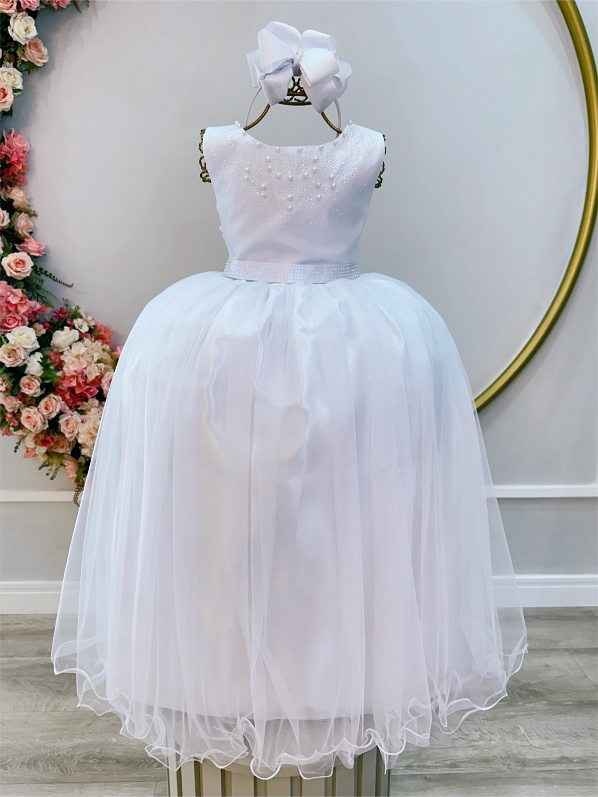 Vestido Infantil Damas de Honra Longo Branco Pérolas