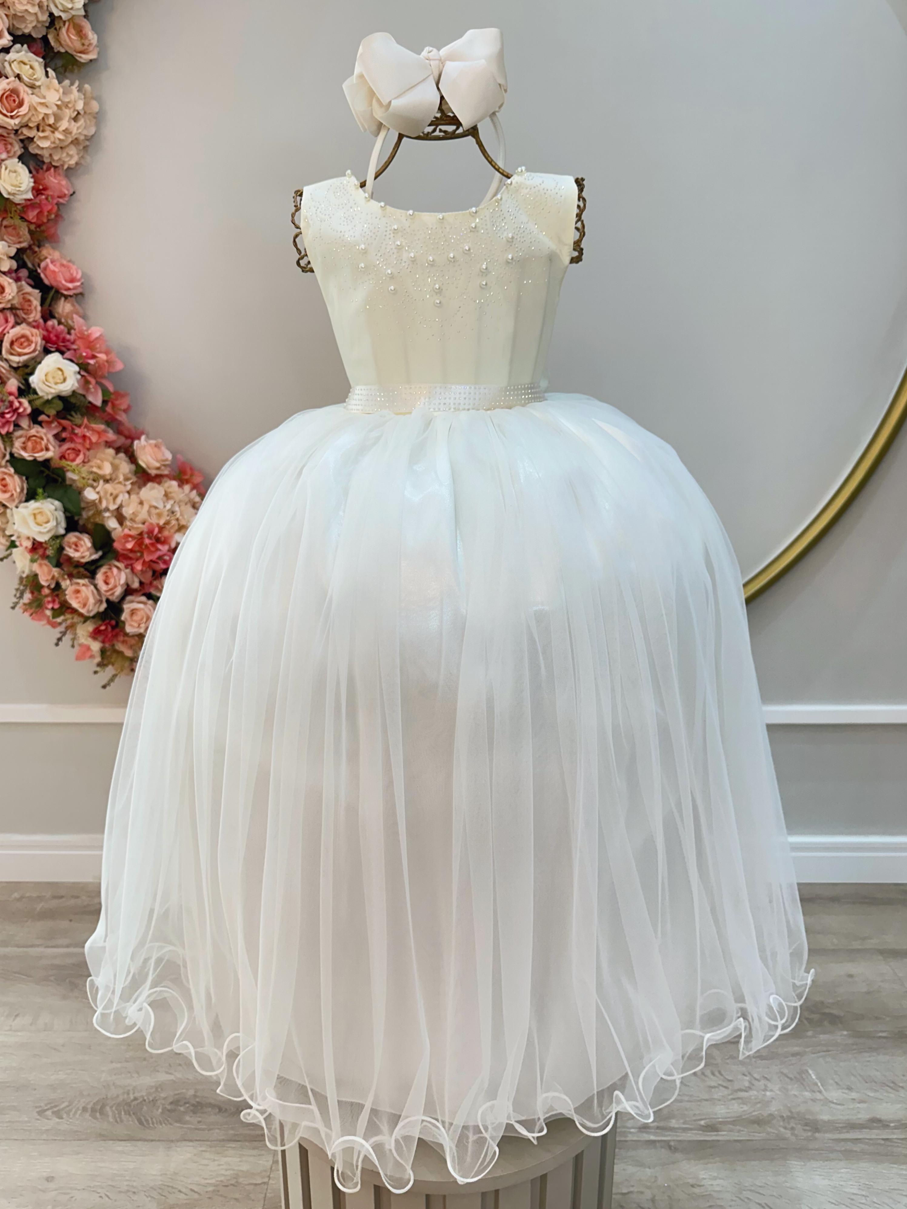 Vestido Infantil Damas de Honra Longo Marfim Claro Pérolas
