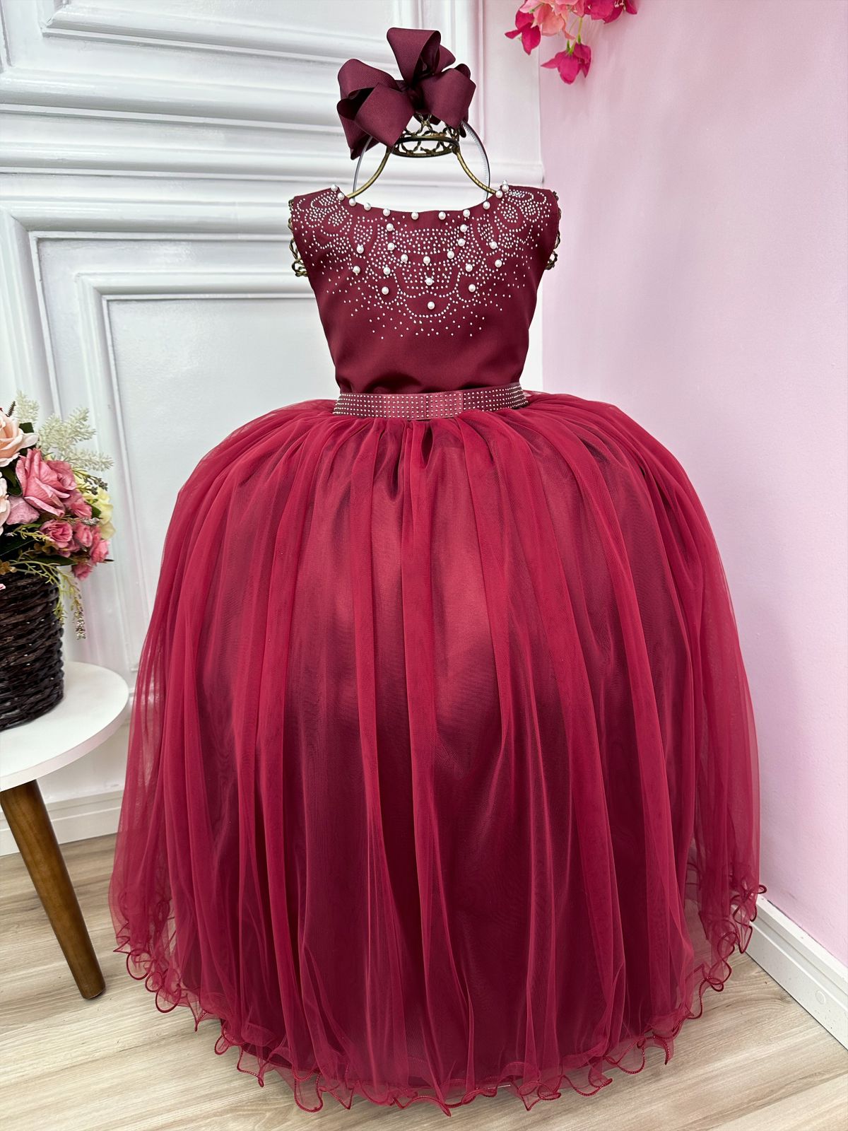 Vestido Infantil Damas de Honra Longo Marsala Strass Pérolas