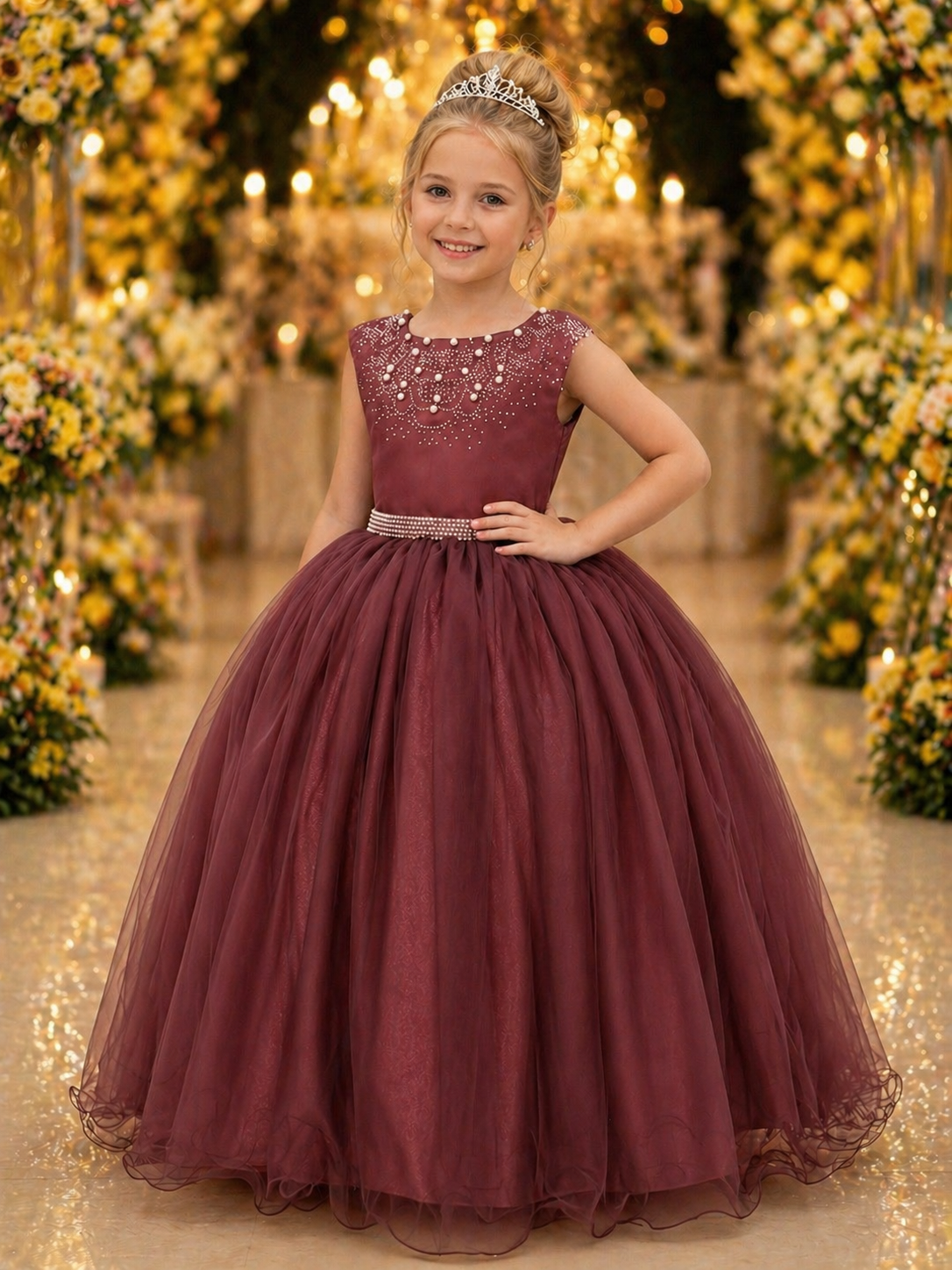 Vestido Infantil Damas de Honra Longo Marsala Strass Pérolas