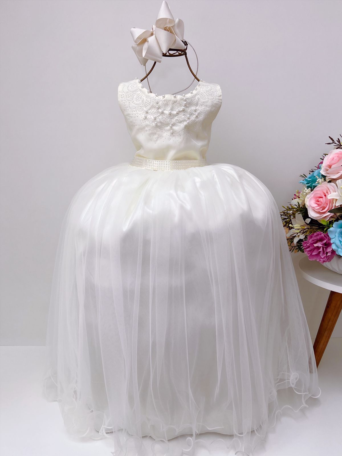 Vestido Infantil Damas de Honra Longo Marfim Pérolas