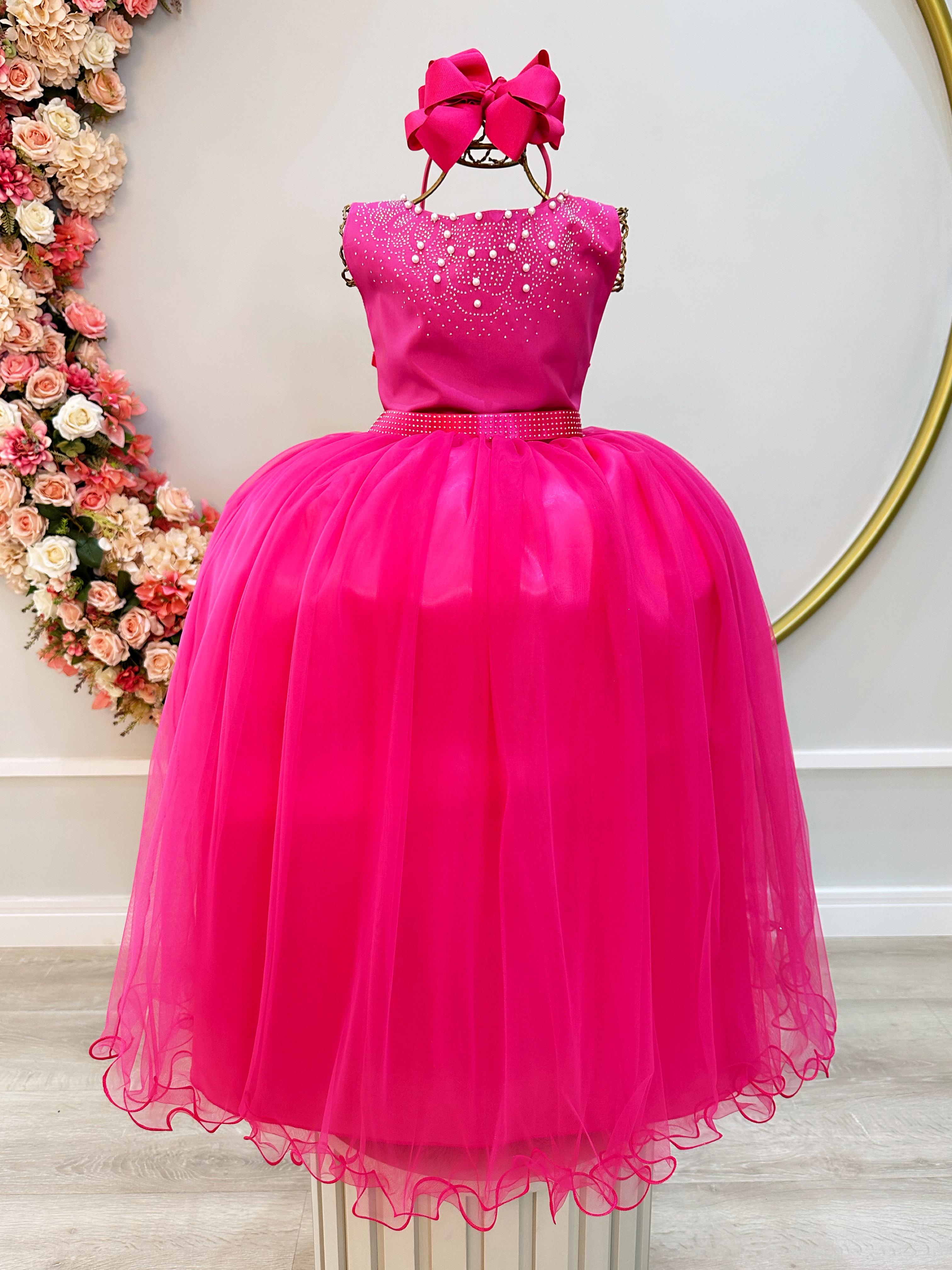 Vestido Infantil Damas de Honra Longo Pink Strass e Pérolas