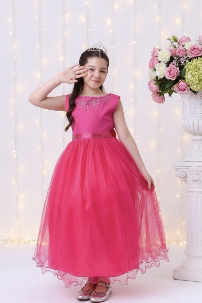 Vestido Infantil Damas de Honra Longo Pink Strass e Pérolas